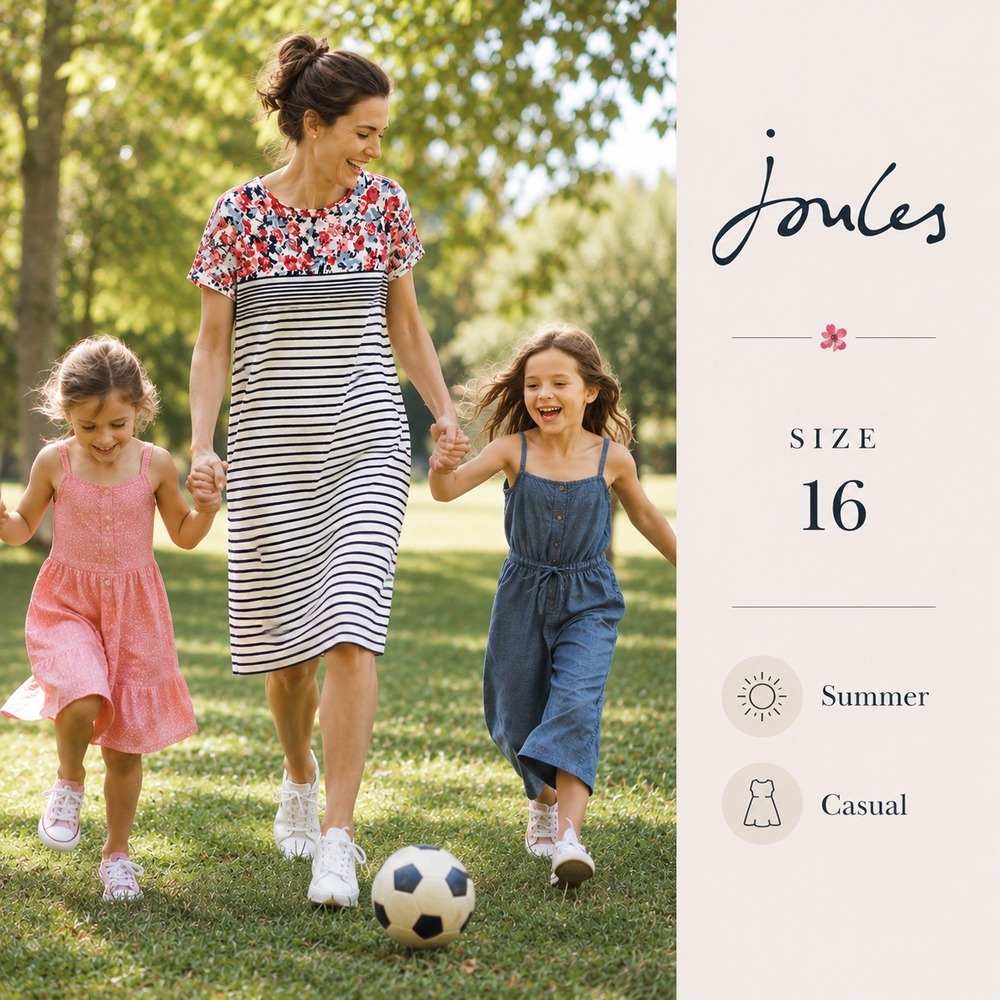 Joules Dress Womens 12 White Navy Floral Stripe Short Sleeve Cotton Shift Casual